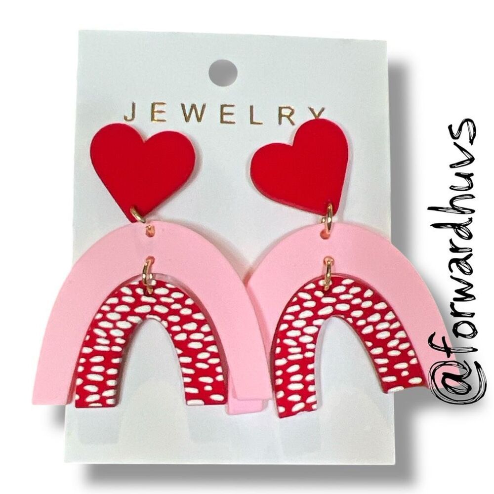Red Pink Heart Arch Statement Dangle Earrings NWT